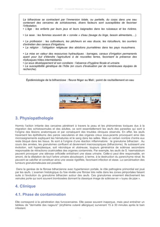 © UMVF - Université Médicale Virtuelle Francophone
La bilharziose se contractant par l’immersion totale, ou partielle, du corps dans une eau
contenant des cercaires de schistosomes, divers facteurs sont susceptibles de favoriser
l’infestation.
• L’âge : les enfants par leurs jeux et leurs baignades dans les ruisseaux et les rivières.
• Le sexe : les femmes souvent de « corvée » d’eau (lavage du linge, besoin alimentaire,…).
• La profession : les cultivateurs, les pêcheurs en eau douce, les riziculteurs, les ouvriers
d’entretien des canaux d'irrigations.
• La religion : l’obligation religieuse des ablutions journalières dans les pays musulmans.
• La mise en valeur des ressources hydrauliques : barrages, canaux d’irrigation permanents
ayant pour but d’étendre l’agriculture à de nouvelles terres, favorisent la présence des
mollusques hôtes intermédiaires.
• Le sous développement et son corollaire : l’absence d’hygiène fécale et urinaire.
• La susceptibilité génétique de l’hôte (en cours d’évaluation par de nombreuses équipes de
recherche).
Épidémiologie de la bilharziose : fleuve Niger au Mali ; point de ravitaillement en eau
3. Physiopathologie
Hormis l’action irritante des cercaires pénétrant à travers la peau et les phénomènes toxiques dus à la
migration des schistosomules et des adultes, ce sont essentiellement les œufs des parasites qui sont à
l’origine des lésions anatomiques et par conséquent des troubles cliniques observés. En effet, les œufs
traversent les épithéliums des parois vasculaires et des organes creux sous-jacents provoquant ainsi des
microsaignements expliquant les hématuries et le sang dans les selles. Mais un certain nombre d’entre eux
reste bloqué dans les tissus. Ils sont à l’origine d’une réaction inflammatoire : le granulome bilharzien . Au
cours des années, les granulomes confluent et deviennent macroscopiques (bilharziome). Ils subissent une
évolution, soit hyperplasique, soit nécrotique et ulcéreuse, toujours génératrice de sclérose secondaire
responsable de rétractions cicatricielles des organes contaminés. Par exemple, les œufs de S. haematobium
peuvent provoquer une sténose orificielle entraînant une stase urinaire. Celle-ci peut être responsable, en
amont, de la dilatation de tout l’arbre urinaire aboutissant, à terme, à la destruction du parenchyme rénal. Ils
peuvent se calcifier et constituer ainsi une vessie rigidifiée, favorisant infection et stase. La cancérisation des
tumeurs granulomateuses est possible.
Dans la genèse de la fibrose bilharzienne avec hypertension portale, le rôle pathogène primordial est joué
par les œufs. L’examen histologique du foie révèle une fibrose très nette dans les zones périportales faisant
suite à l’évolution du granulome bilharzien autour des œufs. Ces granulomes enserrent électivement les
veinules porte qui sont souvent trombosées donnant la classique image de sclérose en « tuyau de pipe ».
4. Clinique
4.1. Phase de contamination
Elle correspond à la pénétration des furcocercaires. Elle passe souvent inaperçue, mais peut entraîner un
tableau de "dermatite des nageurs" (érythème cutané allergique) survenant 15 à 30 minutes après le bain
infestant.
11
 