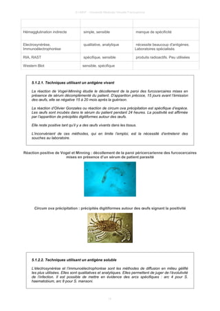 © UMVF - Université Médicale Virtuelle Francophone
Hémagglutination indirecte simple, sensible manque de spécificité
Electrosynérèse,
Immunoélectrophorèse
qualitative, analytique nécessite beaucoup d'antigènes.
Laboratoires spécialisés
RIA, RAST spécifique, sensible produits radioactifs. Peu utilisées
Western Blot sensible, spécifique
5.1.2.1. Techniques utilisant un antigène vivant
La réaction de Vogel-Minning étudie le décollement de la paroi des furcocercaires mises en
présence de sérum décomplémenté du patient. D’apparition précoce, 15 jours avant l’émission
des œufs, elle se négative 15 à 20 mois après la guérison.
La réaction d’Olivier Gonzales ou réaction de circum ova précipitation est spécifique d’espèce.
Les œufs sont incubés dans le sérum du patient pendant 24 heures. La positivité est affirmée
par l’apparition de précipités digitiformes autour des œufs.
Elle reste positive tant qu’il y a des œufs vivants dans les tissus.
L’inconvénient de ces méthodes, qui en limite l’emploi, est la nécessité d’entretenir des
souches au laboratoire.
Réaction positive de Vogel et Minning : décollement de la paroi péricercarienne des furcocercaires
mises en présence d’un sérum de patient parasité
Circum ova précipitation : précipités digitiformes autour des œufs signant la positivité
5.1.2.2. Techniques utilisant un antigène soluble
L’électrosynérèse et l’immunoélectrophorèse sont les méthodes de diffusion en milieu gélifié
les plus utilisées. Elles sont qualitatives et analytiques. Elles permettent de juger de l’évolutivité
de l’infection. Il est possible de mettre en évidence des arcs spécifiques : arc 4 pour S.
haematobium, arc 8 pour S. mansoni.
15
 