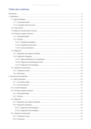 © UMVF - Université Médicale Virtuelle Francophone
Table des matières
Introduction....................................................................................................................................................... 4
1. Hydatidose.................................................................................................................................................... 4
1.1. Agent pathogène..................................................................................................................................4
1.1.1. Le parasite adulte.........................................................................................................................4
1.1.2. L’hydatide (forme larvaire)............................................................................................................4
1.2. Cycle évolutif .......................................................................................................................................5
1.3. Modes de contamination humaine........................................................................................................6
1.4. Principaux aspects cliniques.................................................................................................................6
1.4.1. Physiopathologie..........................................................................................................................6
1.4.2. Clinique.........................................................................................................................................7
1.4.2.1. Hydatidose hépatique...........................................................................................................7
1.4.2.2. Hydatidose pulmonaire ........................................................................................................7
1.4.2.3. Autres localisations...............................................................................................................8
1.5. Diagnostic............................................................................................................................................. 8
1.5.1. Diagnostic par imagerie médicale.................................................................................................8
1.5.2. Diagnostic biologique....................................................................................................................8
1.5.2.1. Signes biologiques non spécifiques .....................................................................................8
1.5.2.2. Diagnostic parasitologique direct..........................................................................................8
1.5.2.3. Diagnostic immunologique....................................................................................................9
1.6. Traitement et prévention.....................................................................................................................10
1.6.1. Traitement curatif........................................................................................................................10
1.6.2. Prévention...................................................................................................................................10
2. Echinococcose alvéolaire...........................................................................................................................10
2.1. Agent pathogène................................................................................................................................10
2.1.1. Le parasite adulte ......................................................................................................................10
2.1.2. La forme larvaire.........................................................................................................................10
2.2. Le cycle biologique ............................................................................................................................11
2.3. Principaux aspects cliniques...............................................................................................................12
2.3.1. Physiopathologie........................................................................................................................12
2.3.2. Clinique.......................................................................................................................................12
2.4. Diagnostic........................................................................................................................................... 12
2.4.1. Diagnostic par imagerie médicale...............................................................................................12
2.4.2. Diagnostic biologique..................................................................................................................12
2.4.2.1. Diagnostic parasitologique..................................................................................................13
2.4.2.2. Diagnostic immunologique..................................................................................................13
2.5. Traitement et prévention.....................................................................................................................14
2.5.1. Traitement curatif........................................................................................................................14
2.5.2. Prévention...................................................................................................................................14
2
 