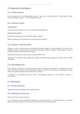 © UMVF - Université Médicale Virtuelle Francophone
5. Diagnostic biologique
5.1. Prélèvements
Ils sont guidés par la symptomatologie clinique : poils pour la piedra blanche ; hémocultures, liquide
broncho-alvéolaire, biopsie … en cas d’infection invasive.
5.2. Examen direct
Piedra blanche
Amas de levures groupées autour d'un poil (aspect d'arthrospores).
Prélèvements profonds
Association d’arthrospores et de filaments septés, réguliers.
Mieux visualisés par les colorations au PAS ou de Gomori-Grocott.
5.3. Culture - Identification
Pousse sur milieu de Sabouraud sans Actidione® (certaines espèces y sont sensibles). Les colonies sont
plissées et plus ou moins sèches. L’examen microscopique révèle la présence d’arthrospores. Le test à
l’uréase est positif (Hydrolyse rapide de l’urée).
Identification possible par spectrométrie de masse MALDI-TOF.
Identification de référence des espèces par biologie moléculaire (séquençage de la région IGS1 de l’ADN
ribosomal).
5.4. Sérodiagnostic
Il est possible de détecter du glucurono-xylo-mannane (antigène de capsule de C. neoformans) dans le
sérum des patients atteints de trichosporonose invasive en raison d’une réaction immunologique croisée
entre ces 2 agents fongiques taxonomiquement « proches ».
La détection de ß-D-glucane dans le sérum est également positive en cas d’infection invasive à
Trichosporon.
6. Traitement
6.1. Piedra blanche
Rasage des poils et application d'imidazolés topiques.
6.2. Infections invasives
Elles sont de très mauvais pronostic.
Les Trichosporon sont naturellement résistants aux échinocandines et à l’amphotéricine B. Les dérivés
azolés sont recommandés, en premier lieu le voriconazole par voie intraveineuse.
4
 