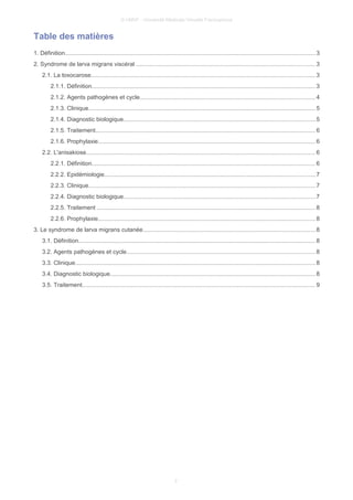 © UMVF - Université Médicale Virtuelle Francophone
Table des matières
1. Définition....................................................................................................................................................... 3
2. Syndrome de larva migrans viscéral ............................................................................................................3
2.1. La toxocarose.......................................................................................................................................3
2.1.1. Définition.......................................................................................................................................3
2.1.2. Agents pathogènes et cycle..........................................................................................................4
2.1.3. Clinique.........................................................................................................................................5
2.1.4. Diagnostic biologique....................................................................................................................5
2.1.5. Traitement.....................................................................................................................................6
2.1.6. Prophylaxie...................................................................................................................................6
2.2. L'anisakiose.......................................................................................................................................... 6
2.2.1. Définition.......................................................................................................................................6
2.2.2. Epidémiologie...............................................................................................................................7
2.2.3. Clinique.........................................................................................................................................7
2.2.4. Diagnostic biologique....................................................................................................................7
2.2.5. Traitement ....................................................................................................................................8
2.2.6. Prophylaxie...................................................................................................................................8
3. Le syndrome de larva migrans cutanée........................................................................................................8
3.1. Définition............................................................................................................................................... 8
3.2. Agents pathogènes et cycle..................................................................................................................8
3.3. Clinique................................................................................................................................................. 8
3.4. Diagnostic biologique............................................................................................................................8
3.5. Traitement............................................................................................................................................. 9
2
 