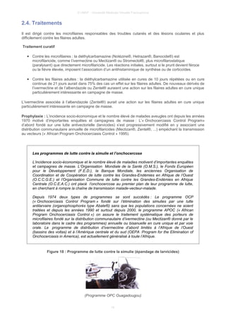 © UMVF - Université Médicale Virtuelle Francophone
2.4. Traitements
Il est dirigé contre les microfilaires responsables des troubles cutanés et des lésions oculaires et plus
difficilement contre les filaires adultes.
Traitement curatif
● Contre les microfilaires : la diéthylcarbamazine (Notézine®, Hetrazan®, Banocide®) est
microfilaricide, comme l’ivermectine ou Mectizan® ou Stromectol®, plus microfilarostatique
(paralysant) que directement microfilaricide. Les réactions initiales, surtout si le prurit devient féroce
ou la fièvre élevée, imposent l’association d’un antihistaminique de synthèse ou de corticoïdes.
● Contre les filaires adultes : la diéthylcarbamazine utilisée en cures de 10 jours répétées ou en cure
continue de 21 jours aurait dans 75% des cas un effet sur les filaires adultes. De nouveaux dérivés de
l’ivermectine et de l’albendazole ou Zentel® auraient une action sur les filaires adultes en cure unique
particulièrement intéressante en campagne de masse.
L’ivermectine associée à l’albendazole (Zentel®) aurait une action sur les filaires adultes en cure unique
particulièrement intéressante en campagne de masse.
Prophylaxie : L’incidence socio-économique et le nombre élevé de malades aveugles ont depuis les années
1970 motivé d’importantes enquêtes et campagnes de masse : L’« Onchocerciasis Control Program»
d’abord fondé sur une lutte antivectorielle (larvicides) s’est progressivement modifié en y associant une
distribution communautaire annuelle de microfilaricides (Mectizan®, Zentel®, ...) empéchant la transmission
au vecteurs (« African Program Onchocerciasis Control » 1995).
Les programmes de lutte contre la simulie et l’onchocercose
L’incidence socio-économique et le nombre élevé de maladies motivent d’importantes enquêtes
et campagnes de masse. L’Organisation Mondiale de la Santé (O.M.S.), le Fonds Européen
pour le Développement (F.E.D.), la Banque Mondiale, les anciennes Organisation de
Coordination et de Coopération de lutte contre les Grandes-Endémies en Afrique de l’Ouest
(O.C.C.G.E.) et l’Organisation Commune de lutte contre les Grandes-Endémies en Afrique
Centrale (O.C.E.A.C.) ont placé l’onchocercose au premier plan de leur programme de lutte,
en cherchant à rompre la chaîne de transmission malade-vecteur-malade.
Depuis 1974 deux types de programmes se sont succédés : Le programme OCP
(« Onchocerciasis Control Program » fondé sur l’élimination des simulies par une lutte
antilarvaire (organophosphorés type Abate®) sans que les populations concernées ne soient
traitées et depuis les années 1990 et surtout depuis 2000, le programme APOC (« African
Program Onchocerciasis Control ») on assure le traitement systématique des porteurs de
microfilaires fondé sur la distribution communautaire d’ivermectine (ou Mectizan® donné par le
laboratoire dans le cadre des programmes) annuelle ou bisanuelle en cure unique et par voie
orale. Le programme de distribution d’ivermectine d’abord limités à l’Afrique de l’Ouest
(bassins des voltas) et à l’Amérique centrale et du sud (OEPA :Program for the Elimination of
Onchocerciasis in America), est actuellement généralisé à toute l’Afrique.
Figure 18 : Programme de lutte contre la simulie (épandage de larvicides)
(Programme OPC Ouagadougou)
16
 