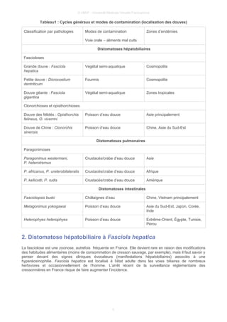© UMVF - Université Médicale Virtuelle Francophone
Tableau1 : Cycles généraux et modes de contamination (localisation des douves)
Classification par pathologies Modes de contamination
Voie orale – aliments mal cuits
Zones d’endémies
Distomatoses hépatobiliaires
Fascioloses
Grande douve : Fasciola
hepatica
Végétal semi-aquatique Cosmopolite
Petite douve : Dicrocoelium
dentriticum
Fourmis Cosmopolite
Douve géante : Fasciola
gigantica
Végétal semi-aquatique Zones tropicales
Clonorchioses et opisthorchioses
Douve des félidés : Opisthorchis
felineus, O. viverrini
Poisson d’eau douce Asie principalement
Douve de Chine : Clonorchis
sinensis
Poisson d’eau douce Chine, Asie du Sud-Est
Distomatoses pulmonaires
Paragonimoses
Paragonimus westermani,
P. heterotremus
Crustacés/crabe d’eau douce Asie
P. africanus, P. ureterobilateralis Crustacés/crabe d’eau douce Afrique
P. kellicotti, P. rudis Crustacés/crabe d’eau douce Amérique
Distomatoses intestinales
Fasciolopsis buski Châtaignes d’eau Chine, Vietnam principalement
Metagonimus yokogawai Poisson d’eau douce Asie du Sud-Est, Japon, Corée,
Inde
Heterophyes heterophyes Poisson d’eau douce Extrême-Orient, Égypte, Tunisie,
Pérou
2. Distomatose hépatobiliaire à Fasciola hepatica
La fasciolose est une zoonose, autrefois fréquente en France. Elle devient rare en raison des modifications
des habitudes alimentaires (moins de consommation de cresson sauvage, par exemple), mais il faut savoir y
penser devant des signes cliniques évocateurs (manifestations hépatobiliaires) associés à une
hyperéosinophilie. Fasciola hepatica est localisé à l’état adulte dans les voies biliaires de nombreux
herbivores et occasionnellement de l’homme. L’arrêt récent de la surveillance réglementaire des
cressonnières en France risque de faire augmenter l’incidence.
4
 