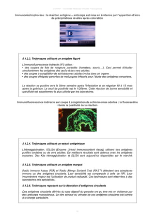© UMVF - Université Médicale Virtuelle Francophone
Immunoélectrophorèse : la réaction antigène – anticorps est mise en évidence par l’apparition d’arcs
de précipitations révélés après coloration
5.1.2.3. Techniques utilisant un antigène figuré
L’immunofluorescence indirecte (IFI) utilise :
• des coupes de foie de rongeurs parasités (hamsters, souris,…). Ceci permet d’étudier
simultanément les antigènes des œufs et des vers adultes.
• des coupes à congélation de schistosomes adultes inclus dans un organe.
• des coupes d’hépato-pancréas de mollusques infectés pour l’étude des antigènes cercariens.
La réaction se positive vers la 5ème semaine après l’infestation et se négative 10 à 15 mois
après la guérison. Le seuil de positivité est le 1/20ème. Cette réaction de bonne sensibilité et
spécificité est actuellement la plus utilisée par les laboratoires.
Immunofluorescence indirecte sur coupe à congélation de schistosomes adultes : la fluorescéïne
révèle la positivité de la réaction
5.1.2.4. Techniques utilisant un extrait antigénique
L’hémagglutination, l’ELISA (Enzyme Linked Immunosorbent Assay) utilisent des antigènes
purifiés ovulaires ou de vers adultes. De meilleurs résultats sont obtenus avec les antigènes
ovulaires. Des Kits hémagglutination et ELISA sont aujourd’hui disponibles sur le marché.
5.1.2.5. Techniques utilisant un antigène marqué
Radio Immuno Assay (RIA) et Radio Allergo Sorbent Test (RAST) détectent des complexes
immuns ou des antigènes circulants. Leur sensibilité est comparable à celle de l’IFI. Leur
inconvénient majeur est l’utilisation de produit radioactif. Ces techniques sont réservées à des
laboratoires très spécialisés.
5.1.2.6. Techniques reposant sur la détection d’antigènes circulants
Des antigènes circulants dérivés du tube digestif du parasite ont pu être mis en évidence par
des anticorps monoclonaux. Le titre sérique ou urinaire de ces antigènes circulants est corrélé
à la charge parasitaire.
16
 