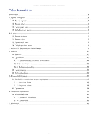 © UMVF - Université Médicale Virtuelle Francophone
Table des matières
Introduction....................................................................................................................................................... 4
1. Agents pathogènes ......................................................................................................................................4
1.1. Taenia saginata....................................................................................................................................4
1.2. Taenia solium.......................................................................................................................................5
1.3. Hymenolepis nana................................................................................................................................5
1.4. Diphyllobotrium latum...........................................................................................................................6
2. Cycles........................................................................................................................................................... 6
2.1. Taenia saginata....................................................................................................................................6
2.2. Taenia solium.......................................................................................................................................7
2.3. Hymenolepis nana................................................................................................................................8
2.4. Diphyllobothrium latum.........................................................................................................................8
3. Répartition géographique, épidémiologie .....................................................................................................9
4. Clinique....................................................................................................................................................... 10
4.1. Tæniasis.............................................................................................................................................10
4.2. Cysticercose.......................................................................................................................................10
4.2.1. Cysticercoses sous-cutanée et musculaire ................................................................................11
4.2.2. Neurocysticercose......................................................................................................................11
4.2.3. Cysticercose oculaire..................................................................................................................12
4.3. Hyménolépiose...................................................................................................................................12
4.4. Bothriocéphalose................................................................................................................................13
5. Diagnostic biologique..................................................................................................................................13
5.1. Tæniasis, hyménolépiose et bothriocéphalose...................................................................................13
5.1.1. Diagnostic direct.........................................................................................................................13
5.1.2. Diagnostic indirect......................................................................................................................14
5.2. Cysticercose.......................................................................................................................................14
6. Traitement et prévention.............................................................................................................................15
6.1. Traitement curatif................................................................................................................................15
6.1.1. Cestodoses intestinales..............................................................................................................15
6.1.2. Cysticercose...............................................................................................................................16
7. Prévention................................................................................................................................................... 16
2
 