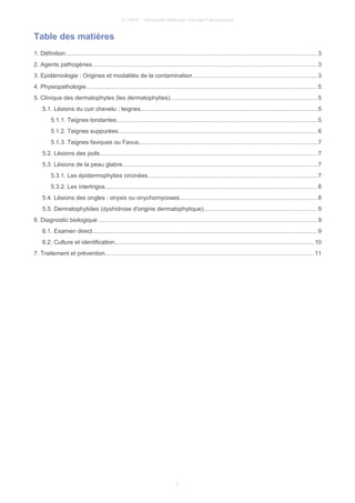 © UMVF - Université Médicale Virtuelle Francophone
Table des matières
1. Définition....................................................................................................................................................... 3
2. Agents pathogènes.......................................................................................................................................3
3. Epidémiologie : Origines et modalités de la contamination...........................................................................3
4. Physiopathologie.......................................................................................................................................... 5
5. Clinique des dermatophytes (les dermatophyties)........................................................................................5
5.1. Lésions du cuir chevelu : teignes..........................................................................................................5
5.1.1. Teignes tondantes........................................................................................................................5
5.1.2. Teignes suppurées.......................................................................................................................6
5.1.3. Teignes faviques ou Favus...........................................................................................................7
5.2. Lésions des poils..................................................................................................................................7
5.3. Lésions de la peau glabre.....................................................................................................................7
5.3.1. Les épidermophyties circinées......................................................................................................7
5.3.2. Les intertrigos...............................................................................................................................8
5.4. Lésions des ongles : onyxis ou onychomycoses..................................................................................8
5.5. Dermatophytides (dyshidrose d'origine dermatophytique)....................................................................9
6. Diagnostic biologique ...................................................................................................................................9
6.1. Examen direct.......................................................................................................................................9
6.2. Culture et identification.......................................................................................................................10
7. Traitement et prévention.............................................................................................................................11
2
 