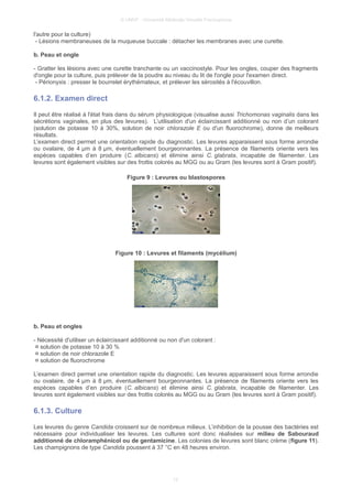 © UMVF - Université Médicale Virtuelle Francophone
l'autre pour la culture)
- Lésions membraneuses de la muqueuse buccale : détacher les membranes avec une curette.
b. Peau et ongle
- Gratter les lésions avec une curette tranchante ou un vaccinostyle. Pour les ongles, couper des fragments
d'ongle pour la culture, puis prélever de la poudre au niveau du lit de l'ongle pour l'examen direct.
- Périonyxis : presser le bourrelet érythémateux, et prélever les sérosités à l'écouvillon.
6.1.2. Examen direct
Il peut être réalisé à l'état frais dans du sérum physiologique (visualise aussi Trichomonas vaginalis dans les
sécrétions vaginales, en plus des levures). L’utilisation d'un éclaircissant additionné ou non d’un colorant
(solution de potasse 10 à 30%, solution de noir chlorazole E ou d'un fluorochrome), donne de meilleurs
résultats.
L’examen direct permet une orientation rapide du diagnostic. Les levures apparaissent sous forme arrondie
ou ovalaire, de 4 µm à 8 µm, éventuellement bourgeonnantes. La présence de filaments oriente vers les
espèces capables d’en produire (C. albicans) et élimine ainsi C. glabrata, incapable de filamenter. Les
levures sont également visibles sur des frottis colorés au MGG ou au Gram (les levures sont à Gram positif).
Figure 9 : Levures ou blastospores
Figure 10 : Levures et filaments (mycélium)
b. Peau et ongles
- Nécessité d'utiliser un éclaircissant additionné ou non d'un colorant :
¤ solution de potasse 10 à 30 %
¤ solution de noir chlorazole E
¤ solution de fluorochrome
L’examen direct permet une orientation rapide du diagnostic. Les levures apparaissent sous forme arrondie
ou ovalaire, de 4 µm à 8 µm, éventuellement bourgeonnantes. La présence de filaments oriente vers les
espèces capables d’en produire (C. albicans) et élimine ainsi C. glabrata, incapable de filamenter. Les
levures sont également visibles sur des frottis colorés au MGG ou au Gram (les levures sont à Gram positif).
6.1.3. Culture
Les levures du genre Candida croissent sur de nombreux milieux. L’inhibition de la pousse des bactéries est
nécessaire pour individualiser les levures. Les cultures sont donc réalisées sur milieu de Sabouraud
additionné de chloramphénicol ou de gentamicine. Les colonies de levures sont blanc crème (figure 11).
Les champignons de type Candida poussent à 37 °C en 48 heures environ.
12
 