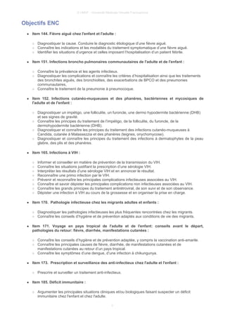 © UMVF - Université Médicale Virtuelle Francophone
Objectifs ENC
● Item 144. Fièvre aiguë chez l'enfant et l'adulte :
○ Diagnostiquer la cause. Conduire le diagnostic étiologique d’une fièvre aiguë.
○ Connaître les indications et les modalités du traitement symptomatique d’une fièvre aiguë.
○ Identifier les situations d’urgence et celles imposant l’hospitalisation d’un patient fébrile.
● Item 151. Infections broncho pulmonaires communautaires de l'adulte et de l'enfant :
○ Connaître la prévalence et les agents infectieux.
○ Diagnostiquer les complications et connaître les critères d’hospitalisation ainsi que les traitements
des bronchites aiguës, des bronchiolites, des exacerbations de BPCO et des pneumonies
communautaires,
○ Connaître le traitement de la pneumonie à pneumocoque.
● Item 152. Infections cutanéo-muqueuses et des phanères, bactériennes et mycosiques de
l'adulte et de l'enfant :
○ Diagnostiquer un impétigo, une folliculite, un furoncle, une dermo hypodermite bactérienne (DHB)
et ses signes de gravité.
○ Connaître les principes du traitement de l’impétigo, de la folliculite, du furoncle, de la
dermohypodermite bactérienne (DHB).
○ Diagnostiquer et connaître les principes du traitement des infections cutanéo-muqueuses à
Candida, cutanée à Malassezzia et des phanères (teignes, onychomycose).
○ Diagnostiquer et connaître les principes du traitement des infections à dermatophytes de la peau
glabre, des plis et des phanères.
● Item 165. Infections à VIH :
○ Informer et conseiller en matière de prévention de la transmission du VIH.
○ Connaître les situations justifiant la prescription d’une sérologie VIH.
○ Interpréter les résultats d’une sérologie VIH et en annoncer le résultat.
○ Reconnaître une primo infection par le VIH.
○ Prévenir et reconnaître les principales complications infectieuses associées au VIH.
○ Connaître et savoir dépister les principales complications non infectieuses associées au VIH.
○ Connaître les grands principes du traitement antirétroviral, de son suivi et de son observance.
○ Dépister une infection à VIH au cours de la grossesse et en organiser la prise en charge.
● Item 170. Pathologie infectieuse chez les migrants adultes et enfants :
○ Diagnostiquer les pathologies infectieuses les plus fréquentes rencontrées chez les migrants.
○ Connaître les conseils d’hygiène et de prévention adaptés aux conditions de vie des migrants.
● Item 171. Voyage en pays tropical de l'adulte et de l'enfant: conseils avant le départ,
pathologies du retour: fièvre, diarrhée, manifestations cutanées :
○ Connaître les conseils d’hygiène et de prévention adaptée, y compris la vaccination anti-amarile.
○ Connaître les principales causes de fièvre, diarrhée, de manifestations cutanées et de
manifestations cutanées au retour d’un pays tropical.
○ Connaître les symptômes d’une dengue, d’une infection à chikungunya.
● Item 173. Prescription et surveillance des anti-infectieux chez l'adulte et l'enfant :
○ Prescrire et surveiller un traitement anti-infectieux.
● Item 185. Déficit immunitaire :
○ Argumenter les principales situations cliniques et/ou biologiques faisant suspecter un déficit
immunitaire chez l'enfant et chez l'adulte.
3
 