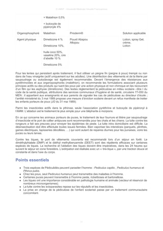 © UMVF - Université Médicale Virtuelle Francophone
+ Malathion 0,5%
+ butoxyde de
pipéronyle 4%
Organophosphoré Malathion Prioderm® Solution applicable
Agent physique Dimeticone 4 %
Dimeticone 10%,
huile coco 50%,
vaseline 20%, cire
d’abeille 10 %
Dimeticone 5%
Pouxit Abapou
Altopou
Lotion, spray Gel,
crème,
Lotion
Pour les lentes qui persistent après traitement, il faut utiliser un peigne fin (peigne à poux) trempé ou non
dans de l’eau vinaigrée (actif uniquement sur les adultes). Une désinfection des vêtements et de la literie par
saupoudrage ou autoclavage est également recommandée. Devant l’émergence des résistances aux
pyréthrinoïdes et aux organoposphorés (malathion), on recommande les formulations associant plusieurs
principes actifs ou des produits qui tuent les poux par une action physique et non chimique en les recouvrant
d’un film qui les asphyxie (diméticone). Des textes règlementent la pédiculose en milieu scolaire –titre I du
code de la santé publique, attributions des services communaux d’hygiène et de santé, circulaire 77-050 du
MEN : il appartient aux enseignants et aux parents de signaler les cas de pédiculose au directeur d’école ;
l’arrêté ministériel du 3 mai 1989 propose une mesure d’éviction scolaire devant un refus manifeste de traiter
les enfants porteurs de poux (JO du 31 mai 1989).
Parmi les insecticides actifs dans la pthirose, seule l’association pyréthrine et butoxyde de pipéronyl à
l’AMM. L’ablation est le traitement le plus simple pour une blépharite à morpions.
En ce qui concerne les animaux porteurs de puces, le traitement de leur fourrure et litière par saupoudrage
d’insecticide et le port de collier antipuces sont recommandés pour les chats et les chiens. La lutte contre les
rongeurs a fait ses preuves pour enrayer les épidémies de peste. La lutte intra domiciliaire est difficile. La
désinsectisation doit être effectuée toutes issues fermées. Bien vaporiser les interstices (parquets, plinthes,
gaines électriques, tapisseries décollées, …) qui sont autant de repaires diurnes pour les punaises, voire les
puces ou leurs larves.
Contre les tiques, le port de vêtements couvrants est recommandé lors d’un séjour en forêt. Le
diméthylphtalate (DMP) et le diéthyl methylbenzamide (DEET) sont des répélents efficaces sur certaines
espèces de tiques. La recherche et l’ablation des tiques doivent être impératives, dans les 24 heures qui
suivent le séjour en zone forestière. L’extirpation est réalisée avec un « tire-tique », par une traction douce et
constante et dans l’axe du corps.
Points essentiels
● Trois espèces de Pédiculidés peuvent parasiter l’homme : Pediculus capitis , Pediculus humanus et
Pthirus pubis.
● Chez les poux, seul Pediculus humanus peut transmettre des maladies à l’homme.
● Certaines puces peuvent transmettre à l’homme peste, rickettioses et bartonellose.
● Les tiques ont une importance considérable en pathologie humaine et animale (vecteur et réservoir de
nombreux microorganismes).
● La lutte contre les ectoparasites repose sur les répulsifs et les insecticides.
● La prise en charge de la pédiculose de l’enfant scolarisé passe par un traitement communautaire
concomitant.
11
 