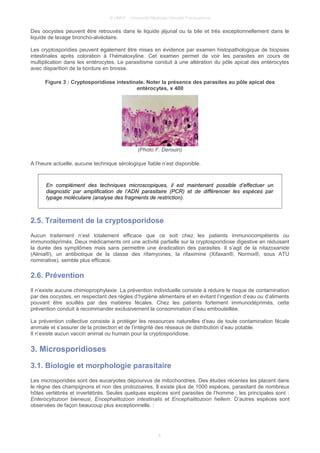 © UMVF - Université Médicale Virtuelle Francophone
Des oocystes peuvent être retrouvés dans le liquide jéjunal ou la bile et très exceptionnellement dans le
liquide de lavage broncho-alvéolaire.
Les cryptosporidies peuvent également être mises en évidence par examen histopathologique de biopsies
intestinales après coloration à l’hématoxyline. Cet examen permet de voir les parasites en cours de
multiplication dans les entérocytes. Le parasitisme conduit à une altération du pôle apical des entérocytes
avec disparition de la bordure en brosse.
Figure 3 : Cryptosporidiose intestinale. Noter la présence des parasites au pôle apical des
entérocytes, x 400
(Photo F. Derouin)
A l’heure actuelle, aucune technique sérologique fiable n’est disponible.
En complément des techniques microscopiques, il est maintenant possible d’effectuer un
diagnostic par amplification de l’ADN parasitaire (PCR) et de différencier les espèces par
typage moléculaire (analyse des fragments de restriction).
2.5. Traitement de la cryptosporidose
Aucun traitement n’est totalement efficace que ce soit chez les patients immunocompétents ou
immunodéprimés. Deux médicaments ont une activité partielle sur la cryptosporidiose digestive en réduisant
la durée des symptômes mais sans permettre une éradication des parasites. Il s’agit de la nitazoxanide
(Alinia®), un antibiotique de la classe des rifamycines, la rifaximine (Xifaxan®, Normix®, sous ATU
nominative), semble plus efficace.
2.6. Prévention
Il n’existe aucune chimioprophylaxie. La prévention individuelle consiste à réduire le risque de contamination
par des oocystes, en respectant des règles d’hygiène alimentaire et en évitant l’ingestion d’eau ou d’aliments
pouvant être souillés par des matières fécales. Chez les patients fortement immunodéprimés, cette
prévention conduit à recommander exclusivement la consommation d’eau embouteillée.
La prévention collective consiste à protéger les ressources naturelles d’eau de toute contamination fécale
animale et s’assurer de la protection et de l’intégrité des réseaux de distribution d’eau potable.
Il n’existe aucun vaccin animal ou humain pour la cryptosporidiose.
3. Microsporidioses
3.1. Biologie et morphologie parasitaire
Les microsporidies sont des eucaryotes dépourvus de mitochondries. Des études récentes les placent dans
le règne des champignons et non des protozoaires. Il existe plus de 1000 espèces, parasitant de nombreux
hôtes vertébrés et invertébrés. Seules quelques espèces sont parasites de l’homme ; les principales sont :
Enterocytozoon bieneusi, Encephalitozoon intestinalis et Encephalitozoon hellem. D’autres espèces sont
observées de façon beaucoup plus exceptionnelle. :
6
 