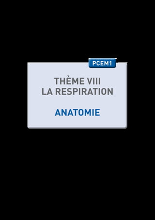 ANNÉE UNIVERSITAIRE 2016-2017 / THEME VIII : LA RESPIRATION / PCEM1 3
THÈME VIII
LA RESPIRATION
ANATOMIE
PCEM1PCEM1
Ce poly a ete telechargé depuis med-tmss.blogspot.com/2016/08/cours.html | Page Fb : www.facebook.com/Faculte.de.Medecine.TMSS
 