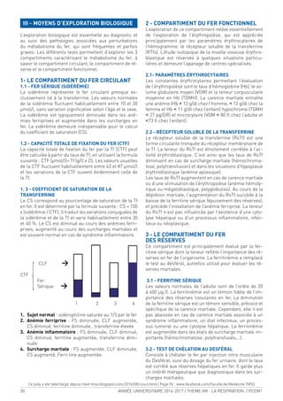 30 ANNÉE UNIVERSITAIRE 2016-2017 / THEME VIII : LA RESPIRATION / PCEM1
III - MOYENS D’EXPLORATION BIOLOGIQUE
L’exploration biologique est essentielle au diagnostic et
au suivi des pathologies associées aux perturbations
du métabolisme du fer, qui sont fréquentes et parfois
graves. Les différents tests permettent d’explorer les 3
compartiments caractérisant le métabolisme du fer, à
savoir le compartiment circulant, le compartiment de ré-
serve et le compartiment fonctionnel.
1- LE COMPARTIMENT DU FER CIRCULANT
1.1 - FER SÉRIQUE (SIDÉRÉMIE)
La sidérémie représente le fer circulant presque ex-
clusivement lié à la transferrine. Les valeurs normales
de la sidérémie luctuent habituellement entre 10 et 30
µmol/l, sans variation signiicative selon l’âge et le sexe.
La sidérémie est typiquement diminuée dans les ané-
mies ferriprives et augmentée dans les surcharges en
fer. La sidérémie demeure indispensable pour le calcul
du coeficient de saturation (CS).
1.2 - CAPACITÉ TOTALE DE FIXATION DU FER (CTF)
La capacité totale de ixation du fer par la Tf (CTF) peut
être calculée à partir du taux de Tf, en utilisant la formule
suivante : CTF (µmol/l)= Tf (g/l) x 25. Les valeurs usuelles
de la CTF luctuent habituellement entre 43 et 87 µmol/l
et les variations de la CTF suivent évidemment celle de
la Tf.
1. 3 - COEFFICIENT DE SATURATION DE LA
TRANSFERRINE
Le CS correspond au pourcentage de saturation de la Tf
en fer. Il est déterminé par la formule suivante : CS = 100
x (sidérémie / CTF). Il traduit les variations conjuguées de
la sidérémie et de la Tf et varie habituellement entre 30
et 40 %. Le CS est diminué au cours des anémies ferri-
prives, augmenté au cours des surcharges martiales et
est souvent normal en cas de syndrome inlammatoire.
CLF >
CTF
Fer
{Sérique >
1 2 3 4
1. Sujet normal : sidérophiline saturée au 1/3 par le fer
2. Anémie ferriprive : FS diminuée, CLF augmentée,
CS diminué, ferritine diminuée., transferrine élevée
3. Anémie inlammatoire : FS diminuée, CLF diminué,
CS diminué, ferritine augmentée, transferrine dimi-
nuée
4. Surcharge martiale : FS augmentée, CLF diminuée,
CS augmenté, Ferri tine augmentée.
2 - COMPARTIMENT DU FER FONCTIONNEL
L’exploration de ce compartiment relève essentiellement
de l’exploration de l’érythropoïèse, qui est appréciée
principalement par les paramètres érythrocytaires de
l’hémogramme, le récepteur soluble de la transferrine
(RTfs). L’étude isotopique de la moelle osseuse érythro-
blastique est réservée à quelques situations particu-
lières et demeure l’apanage de centres spécialisés.
2.1- PARAMÈTRES ÉRYTHROCYTAIRES
Les constantes érythrocytaires permettant l’évaluation
de l’érythropoïèse sont le taux d’hémoglobine (Hb), le vo-
lume globulaire moyen (VGM) et la teneur corpusculaire
moyenne en Hb (TGMH). La carence martiale entraîne
une anémie (Hb < 13 g/dl chez l’homme, < 12 g/dl chez la
femme et Hb < 11 g/dl chez l’enfant) hypochrome (TGMH
< 27 pg/GR) et microcytaire (VGM < 80 l chez l’adulte et
<73 l chez l’enfant).
2.2 - RÉCEPTEUR SOLUBLE DE LA TRANSFERRINE
Le récepteur soluble de la transferrine (RsTf) est une
forme circulante tronquée du récepteur membranaire de
la Tf. La teneur du RsTf est étroitement corrélée à l’ac-
tivité érythroblastique. C’est ainsi que les taux de RsTf
diminuent en cas de surcharge martiale (hémochroma-
tose, polytransfusion) et dans les situations d’hypoplasie
érythroblastique (anémie aplasique).
Les taux de RsTf augmentent en cas de carence martiale
ou d’une stimulation de l’érythropoïèse (anémie hémoly-
tique ou mégaloblastique, polyglobulies). Au cours de la
déplétion martiale, l’augmentation du RsTf succède à la
baisse de la ferritine sérique (épuisement des réserves),
et précède l’installation de l’anémie ferriprive. La teneur
du RsTf n’est pas inluencée par l’existence d’une cyto-
lyse hépatique ou d’un processus inlammatoire, infec-
tieux ou néoplasique.
3 - LE COMPARTIMENT DU FER
DES RÉSERVES
Ce compartiment est principalement évalué par la fer-
ritine sérique dont la teneur relète l’importance des ré-
serves en fer de l’organisme. La ferritinémie a remplacé
le test au désféral, autrefois utilisé pour évaluer les ré-
serves martiales.
3.1 - FERRITINE SÉRIQUE
Les valeurs normales de l’adulte sont de l’ordre de 20
à 400 µg /l. La ferritinémie est un témoin idèle de l’im-
portance des réserves tissulaires en fer. La diminution
de la ferritine sérique est un témoin sensible, précoce et
spéciique de la carence martiale. Cependant, elle n’est
pas abaissée en cas de carence martiale associée à un
syndrome inlammatoire, un état infectieux, un proces-
sus tumoral ou une cytolyse hépatique. La ferritinémie
est augmentée dans les états de surcharge martiale im-
portante (hémochromatose, polytransfusés,…).
3.2 - TEST DE CHÉLATION AU DESFÉRAL
Consiste à chélater le fer par injection intra musculaire
du Desféral, suivi du dosage du fer urinaire, dont le taux
est corrélé aux réserves hépatiques en fer. Il garde plus
un intérêt thérapeutique que diagnostique dans les sur-
charges martiales.
Ce poly a ete telechargé depuis med-tmss.blogspot.com/2016/08/cours.html | Page Fb : www.facebook.com/Faculte.de.Medecine.TMSS
 