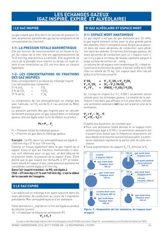 ANNÉE UNIVERSITAIRE 2016-2017 / THEME VIII : LA RESPIRATION / PCEM1 63
I LE GAZ INSPIRE
Le gaz inspiré peut être décrit en termes de pression to-
tale, de pression partielle des gaz qui le composent et de
concentration (ou fraction).
1-1- LA PRESSION TOTALE BAROMÉTRIQUE
Elle est fonction de l’environnement où se trouve le su-
jet. Au niveau de la mer, elle est approximativement de
76 O mm Hg, elle diminue à l’altitude. Elle augmente au
cours de la plongée sous-marine ou lorsqu’un sujet at-
teint d’une intoxication au CO, est mis dans un caisson
hyperbare.
1-2- LES CONCENTRATIONS OU FRACTIONS
DES GAZ INSPIRÉS
Elles correspondent à la nature du mélange inspiré.
L’air atmosphérique comprend :
21 % d’O2
= FI
O2
0 % de CO2
= FI
CO2
79 % de N2
= FI
N2
La composition de l’air atmosphérique ne change pas
avec l’altitude; la FI
O2
est de O, 2 l au sommet du Mont
Everest.
La pression partielle des gaz inspirés peut se calculer
facilement puisque pour un gaz x placé dans un mélange
gazeux, elle est égale selon la loi de Dalton au produit :
Px = P T
. Fx
PT
= Pression totale du mélange gazeux
Fx
= Fraction du gaz dans le mélange gazeux
Exemple : La PO2
dans l’air atmosphérique est égale à :
+760 mm Hg x 21 % soit 159 mm Hg.
Comme on trouve également dans le gaz inspiré de la
vapeur d’eau et que les fractions mentionnées ci-des-
sus sont obtenues pour un gaz sec, on doit déduire de
la pression totale, la pression de la vapeur d’eau. Étant
donné que le gaz inspiré est réchauffé à 37° et totale-
ment saturé en vapeur d’eau, cette pression partielle est
considérée comme égale à 47 mm Hg.
Dans l’air inspiré trachéal : la PO2
est égale à
(760 – 47) mm Hg x 21 % soit 149 mm Hg : c’est le début
de la cascade de l’oxygène.
II LE GAZ EXPIRE
L’air expiré est un mélange d’air ayant séjourné dans les
voies aériennes de conduction au cours de l’inspiration
précédente (=air atmosphérique) et d’air alvéolaire.
Cette ventilation v’E
expirée en l / min est égale au produit
du volume courant
(VT
= V tidal) par la fréquence ventilatoire (F) :
V’E
= VT
. f
III GAZ ALVÉOLAIRE ET ESPACE MORT (FIG. 9)
3-1- ESPACE MORT ANATOMIQUE
Le gaz expiré n’est pas du gaz alvéolaire pur. En effet,
le gaz expiré provient certes pour la plus grande partie
des alvéoles, mais il comprend aussi du gaz qui a séjour-
né dans les voies aériennes de conduction sans péné-
trer dans les alvéoles. En termes d’échanges gazeux, les
voies aériennes de conduction sont un « espace mort »,
car il n’y a pas à ce niveau de réseau capillaire sanguin à
large surface de contact air - sang.
Le volume de cet espace mort anatomique (VD
= dead vo-
lume) varie en fonction du poids. Il est de l’ordre de 0,150l
chez un adulte de 75 kg. Cet espace peut être calculé
grâce à la formule suivante :
V’ CO2
= V’E
. FE
CO2
= V’A
. FA
CO2
V’T
. FE
CO2
= (V’E
– V’D
). FA CO2
V’D
/ V’T
= (FACO2
– FE
CO2
) / FA
CO2
Ex. Lorsqu’on inspire 0,4 5 l; 0,300 l seulement seront
utilisés pour les échanges gazeux. La totalité de la ven-
tilation n’est donc pas eficace et l’on peut donc calculer
une ventilation alvéolaire (ϖA) qui est la partie utile de la
ventilation.
V’À
= V’E
- (VD
. f)
V’À
= (VT
- VD
). f
D’après ces équations, on constate que :
• Pour une ventilation totale donnée et un espace mort
anatomique égal à 0,150 l, la ventilation alvéolaire est
d’autant plus basse que la fréquence respiratoire est
plus élevée et le volume courant est plus petit. La venti-
lation alvéolaire représente la partie utile de cette ven-
tilation.
• Toute augmentation du rapport VD
/ VT
diminue la VA
.
Figure. 9 : Composition de l’air alvéolaire, de l’espace mort
et expiré
LES ECHANGES GAZEUX
(GAZ INSPIRÉ, EXPIRÉ ET ALVÉOLAIRE)
Ce poly a ete telechargé depuis med-tmss.blogspot.com/2016/08/cours.html | Page Fb : www.facebook.com/Faculte.de.Medecine.TMSS
 