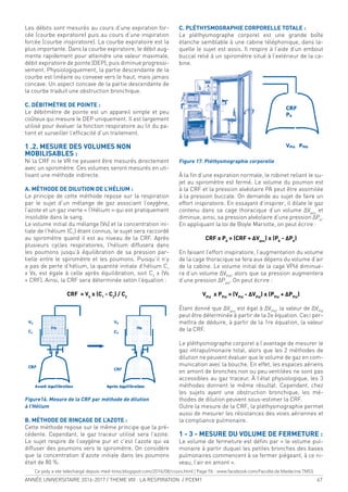 ANNÉE UNIVERSITAIRE 2016-2017 / THEME VIII : LA RESPIRATION / PCEM1 67
Les débits sont mesurés au cours d’une expiration for-
cée (courbe expiratoire) puis au cours d’une inspiration
forcée (courbe inspiratoire). La courbe expiratoire est la
plus importante. Dans la courbe expiratoire, le débit aug-
mente rapidement pour atteindre une valeur maximale,
débit expiratoire de pointe (DEP), puis diminue progressi-
vement. Physiologiquement, la partie descendante de la
courbe est linéaire ou convexe vers le haut, mais jamais
concave. Un aspect concave de la partie descendante de
la courbe traduit une obstruction bronchique.
C. DÉBITMÈTRE DE POINTE :
Le débitmètre de pointe est un appareil simple et peu
coûteux qui mesure le DEP uniquement. Il est largement
utilisé pour évaluer la fonction respiratoire au lit du pa-
tient et surveiller l’eficacité d’un traitement.
1 .2. MESURE DES VOLUMES NON
MOBILISABLES :
Ni la CRF ni le VR ne peuvent être mesurés directement
avec un spiromètre. Ces volumes seront mesurés en uti-
lisant une méthode indirecte.
A. MÉTHODE DE DILUTION DE L’HÉLIUM :
Le principe de cette méthode repose sur la respiration
par le sujet d’un mélange de gaz associant l’oxygène,
l’azote et un gaz inerte « l’Hélium » qui est pratiquement
insoluble dans le sang.
Le volume initial du mélange (Vs) et la concentration ini-
tiale de l’hélium (C1
) étant connus, le sujet sera raccordé
au spiromètre quand il est au niveau de la CRF. Après
plusieurs cycles respiratoires, l’hélium diffusera dans
les poumons jusqu’à équilibration de sa pression par-
tielle entre le spiromètre et les poumons. Puisqu’il n’y
a pas de perte d’hélium, la quantité initiale d’hélium C1
x Vs, est égale à celle après équilibration, soit C2
x (Vs
+ CRF). Ainsi, la CRF sera déterminée selon l’équation :
CRF = VS
x (C1
- C2
) / C2
Figure16. Mesure de la CRF par méthode de dilution
à l’Hélium
B. MÉTHODE DE RINÇAGE DE L’AZOTE :
Cette méthode repose sur le même principe que la pré-
cédente. Cependant, le gaz traceur utilisé sera l’azote.
Le sujet respire de l’oxygène pur et c’est l’azote qui va
diffuser des poumons vers le spiromètre. On considère
que la concentration d’azote initiale dans les poumons
était de 80 %.
C. PLÉTHYSMOGRAPHIE CORPORELLE TOTALE :
Le pléthysmographe corporel est une grande boîte
étanche semblable à une cabine téléphonique, dans la-
quelle le sujet est assis. Il respire à l’aide d’un embout
buccal relié à un spiromètre situé à l’extérieur de la ca-
bine.
Figure 17. Pléthysmographie corporelle
À la in d’une expiration normale, le robinet reliant le su-
jet au spiromètre est fermé. Le volume du poumon est
à la CRF et la pression alvéolaire PA peut être assimilée
à la pression buccale. On demande au sujet de faire un
effort inspiratoire. En essayant d’inspirer, il dilate le gaz
contenu dans sa cage thoracique d’un volume ΔVpou
et
diminue, ainsi, sa pression alvéolaire d’une pression ΔPA
.
En appliquant la loi de Boyle Mariotte, on peut écrire :
CRF x PA
= (CRF + ΔVpou
) x (PA
- ΔPA
)
En faisant l’effort inspiratoire, l’augmentation du volume
de la cage thoracique se fera aux dépens du volume d’air
de la cabine. Le volume initial de la cage VPlé diminue-
ra d’un volume ΔVPlé
, alors que sa pression augmentera
d’une pression ΔPplé
. On peut écrire :
VPlé
x PPlé
= (VPlé
- ΔVPlé
) x (PPlé
+ ΔPPlé
)
Étant donné que ΔVpou
est égal à ΔVPlé
, la valeur de ΔVPlé
peut être déterminée à partir de la 2e équation. Ceci per-
mettra de déduire, à partir de la 1re équation, la valeur
de la CRF.
Le pléthysmographe corporel a l’avantage de mesurer le
gaz intrapulmonaire total, alors que les 2 méthodes de
dilution ne peuvent évaluer que le volume de gaz en com-
munication avec la bouche. En effet, les espaces aériens
en amont de bronches non ou peu ventilées ne sont pas
accessibles au gaz traceur. À l’état physiologique, les 3
méthodes donnent le même résultat. Cependant, chez
les sujets ayant une obstruction bronchique, les mé-
thodes de dilution peuvent sous-estimer la CRF.
Outre la mesure de la CRF, la pléthysmographie permet
aussi de mesurer les résistances des voies aériennes et
la compliance pulmonaire.
1 - 3 - MESURE DU VOLUME DE FERMETURE :
Le volume de fermeture est déini par « le volume pul-
monaire à partir duquel les petites bronches des bases
pulmonaires commencent à se fermer piégeant, à ce ni-
veau, l’air en amont ».
Ce poly a ete telechargé depuis med-tmss.blogspot.com/2016/08/cours.html | Page Fb : www.facebook.com/Faculte.de.Medecine.TMSS
 