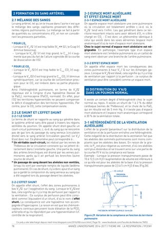 78 ANNÉE UNIVERSITAIRE 2016-2017 / THEME VIII : LA RESPIRATION / PCEM1
2 FORMATION DU SANG ARTÉRIEL
2.1 MÉLANGE DES SANGS
Le sang artériel, tel qu’on le trouve dans l’aorte n’est que
le mélange des sangs capillaires provenant des diffé-
rentes régions pulmonaires. Le mélange se fait à partir
de quantités ou concentrations d’O2
et non en considé-
rant les pressions partielles.
* POUR L’O2
- Lorsque le V’A
/Q’ (r) est trop faible (V’A
<< Q’), le Ccap (r)
diminue beaucoup.
- Lorsque le V’A
/Q’ (r) est trop grand, le Ccap
(r) n’aug-
mente que peu du fait de l’allure sigmoïde de la courbe
de dissociation de l’O2.
* POUR LE CO2
- Lorsque le V’A
/Q’(r) est trop faible le Ccap
CO2
(r) aug-
mente
- Lorsque le V’A
/Q’(r) est trop grand le Ccap
CO2
(r) diminue
symétriquement, car la courbe de concentration pres-
sion pour le CO2
est linéaire dans sa partie physiolo-
gique.
Ainsi l’hétérogénéité pulmonaire, en terme de V’A
/Q’
régionaux est à l’origine d’une hypoxémie (baisse de
la PaO2
), normocapnie (PaCO2
normale). En effet, pour
l’O2 les territoires hyperventilés ne peuvent compenser
le déicit d’oxygénation des territoires hypoventilés. Par
contre, pour le CO2
cette compensation existe.
2.2 LE SHUNT ET L’EFFET SHUNT
2-2-1 LE SHUNT
Le terme de shunt se rapporte au sang qui pénètre dans
le système artériel sans être passé à travers les régions
ventilées du poumon. On appelle shunt droit-gauche un
court-circuit pulmonaire, c.-à-d. du sang qui ne rencontre
pas de gaz lors du passage du sang veineux (circulation
droite) vers le sang artériel (circulation gauche). Le V’A
/
Q’est donc nul. Ce phénomène peut correspondre à :
* Un véritable court-circuit, tel réalisé par les veines de
Thébesius de la circulation coronaire qui se jettent di-
rectement dans l’oreillette gauche. Une partie du sang
des artères bronchiques est drainé par les veines pul-
monaires après qu’il ait perfusé les bronches (autre
source de shunt).
* Un passage de sang devant les alvéoles non ventilés,
lorsqu’ils sont par exemple remplis de liquide (œdème
pulmonaire). En cas de shunt, il y’a donc ajout d’un sang
qui a gardé la composition du sang veineux au sang qui
a été oxygéné lors du passage devant les alvéoles.
2-2-2 EFFET SHUNT
On appelle effet shunt, l’effet des zones pulmonaires à
bas V’A
/Q’ sur l’oxygénation du sang. Lorsque le V’A
/Q’est
bas, cela signiie qu’il y’a trop de perfusion par rapport à
la ventilation : Ce surplus de perfusion peut être consi-
déré comme l’équivalent d’un shunt, d’où le nom d’effet
shunt. La conséquence est une hypoxémie non accom-
pagnée d’hypercapnie. La raison en est que les chémoré-
cepteurs centraux perçoivent toute élévation de la PCO2
artérielle et qu’ils répondent par une hyperventilation (cf.
contrôle de la respiration).
2-3 ESPACE MORT ALVÉOLAIRE
ET EFFET ESPACE MORT
2-3-1 ESPACE MORT ALVÉOLAIRE
On appelle espace mort alvéolaire une zone pulmonaire
où la circulation est totalement arrêtée c.-à-d. où le
V’A
/Q’ tend vers l’inini. Les gaz pénétrant dans ce ter-
ritoire ressortent intacts sans avoir délivré d’O2
ni s’être
chargé en CO2
: C’est donc un phénomène identique à
celui qui existe dans les voies aériennes (espace mort
anatomique) d’où le nom d’espace mort alvéolaire.
Chez le sujet normal d’espace mort alvéolaire est né-
gligeable. En pathologie, l’exemple type d’un espace
mort alvéolaire est l’embolie pulmonaire où un caillot de
sang vient obstruer une branche de l’artère pulmonaire.
2-3-2 EFFET ESPACE MORT
On appelle effet espace mort les conséquences des
zones pulmonaires à haut V’A
/ Q sur les échanges ga-
zeux. Lorsque le V’A
/Q est élevé, cela signiie qu’il y a trop
de ventilation par rapport à la perfusion : ce surplus de
ventilation peut être considéré comme un espace mort.
III DISTRIBUTION DU V’A/Q
DANS UN POUMON NORMAL
Il existe un certain degré d’hétérogénéité chez le sujet
normal au repos. Il existe un shunt de 1 à 2 % du débit
cardiaque (veines de Thébesius), et la chute de la PaO2
qui en résulte est de 5 mm Hg. Il n’existe pas d’espace
mort alvéolaire et l’espace mort anatomique correspond
à 30 % de la ventilation totale.
3-1 HÉTÉROGÉNÉITÉ DE LA VENTILATION
ALVÉOLAIRE
L’effet de la gravité (pesanteur) sur la distribution de la
ventilation et de la perfusion entraîne une hétérogénéité.
Cette inégalité de la distribution de la ventilation fait que
les alvéoles des sommets pulmonaires sont moins com-
pliants que les alvéoles des bases. En raison de la gra-
vité, la Ppl
est plus négative au sommet, d’où ces alvéoles
sont plus distendus et se trouvent ainsi sur une partie de
la courbe P/ V où la compliance est basse
Exemple : Lorsque la pression transpulmonaire passe de
10 à 12,5 cm H2
O l’augmentation de volume est inférieure à
ce qu’elle est pour les alvéoles de la base d’où la pression
transpulmonaire passe de 2,5 à 5 cm H2
O d’eau (Fig.26).
Figure 29. Variation de la compliance en fonction du territoire
pulmonaire
Ce poly a ete telechargé depuis med-tmss.blogspot.com/2016/08/cours.html | Page Fb : www.facebook.com/Faculte.de.Medecine.TMSS
 