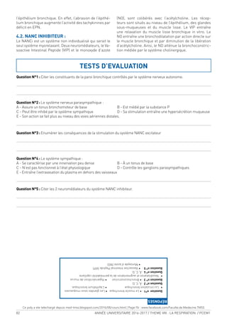 82 ANNÉE UNIVERSITAIRE 2016-2017 / THEME VIII : LA RESPIRATION / PCEM1
l’épithélium bronchique. En effet, l’abrasion de l’épithé-
lium bronchique augmente l’activité des tachykinines par
déicit en EPN.
4.2. NANC INHIBITEUR :
Le NANCi est un système non individualisé qui serait le
seul système myorelaxant. Deux neuromédiateurs, le Va-
soactive Intestinal Peptide (VIP) et le monoxyde d’azote
(NO), sont colibérés avec l’acétylcholine. Les récep-
teurs sont situés au niveau de l’épithélium, des glandes
sous-muqueuses et du muscle lisse. Le VIP entraîne
une relaxation du muscle lisse bronchique in vitro. Le
NO entraîne une bronchodilatation par action directe sur
le muscle bronchique et par diminution de la libération
d’acétylcholine. Ainsi, le NO atténue la bronchoconstric-
tion médiée par le système cholinergique.
Question N°1 : Citer les constituants de la paroi bronchique contrôlés par le système nerveux autonome.
Question N°2 : Le système nerveux parasympathique :
A - Assure un tonus bronchomoteur de base B - Est médié par la substance P
C - Peut être inhibé par le système sympathique D - Sa stimulation entraîne une hypersécrétion muqueuse
E - Son action se fait plus au niveau des voies aériennes distales.
Question N°3 : Enumérer les conséquences de la stimulation du système NANC excitateur
Question N°4 : Le système sympathique :
A - Se caractérise par une innervation peu dense B - À un tonus de base
C - N’est pas fonctionnel à l’état physiologique D - Contrôle les ganglions parasympathiques
E - Entraîne l’extravasation du plasma en dehors des vaisseaux
Question N°5 : Citer les 2 neuromédiateurs du système NANC inhibiteur.
TESTS D’EVALUATION
Questionn°1:•Lemusclebronchique•Lesglandessous-muqueuses
•Lacirculationbronchique•L’épithéliumbronchique.
Questionn°2:À,C,D.
Questionn°3:•Bronchoconstriction•Hypersécrétiondemucus
•Vasodilatationetaugmentationdelaperméabilitécapillaire
Questionn°4:À,C,D.
Questionn°5:•VasoactiveIntestinalPeptide(VIP)
•Monoxyded’azote(NO)
RÉPONSES
Ce poly a ete telechargé depuis med-tmss.blogspot.com/2016/08/cours.html | Page Fb : www.facebook.com/Faculte.de.Medecine.TMSS
 