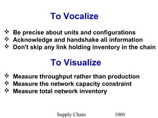 To Vocalize
 Be precise about units and configurations
 Acknowledge and handshake all information
 Don't skip any link holding inventory in the chain

               To Visualize
 Measure throughput rather than production
 Measure the network capacity constraint
 Measure total network inventory


                  Supply Chain       100#
 