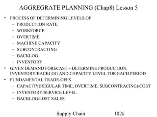AGGREGRATE PLANNING (Chap8) Lesson 5
•   PROCESS OF DETERMINING LEVELS OF
     – PRODUCTION RATE
     – WORKFORCE
     – OVERTIME
     – MACHINE CAPACITY
     – SUBCONTRACTING
     – BACKLOG
     – INVENTORY
•   GIVEN DEMAND FORECAST – DETERMINE PRODUCTION,
    INVENTORY/BACKLOG AND CAPACITY LEVEL FOR EACH PERIOD
•   FUNDAMENTAL TRADE-OFFS
     – CAPACITY(REGULAR TIME, OVERTIME, SUBCONTRACING)/COST
     – INVENTORY/SERVICE LEVEL
     – BACKLOG/LOST SALES


                      Supply Chain          102#
 