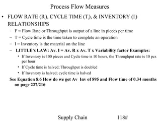 Process Flow Measures
• FLOW RATE (Rt), CYCLE TIME (Tt), & INVENTORY (It)
  RELATIONSHIPS
   –   F = Flow Rate or Throughput is output of a line in pieces per time
   –   T = Cycle time is the time taken to complete an operation
   –   I = Inventory is the material on the line
   –    LITTLE’s LAW: Av. I = Av. R x Av. T x Variability factor Examples:
        • If Inventory is 100 pieces and Cycle time is 10 hours, the Throughput rate is 10 pcs
          per hour
        • If Cycle time is halved; Throughput is doubled
        • If Inventory is halved; cycle time is halved
   See Equation 8.6 How do we get Av Inv of 895 and Flow time of 0.34 months
     on page 227/216




                                Supply Chain                         118#
 