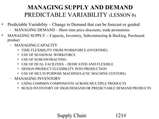MANAGING SUPPLY AND DEMAND
              PREDICTABLE VARIABILITY (LESSON 6)
•   Predictable Variability – Change in Demand that can be forecast or guided
     – MANAGING DEMAND – Short time price discounts, trade promotions
•   MANAGING SUPPLY – Capacity, Inventory, Subcontracting & Backlog, Purchased
    product
     – MANAGING CAPACITY
         •   TIME FLEXIBILITY FROM WORKFORCE (OVERTIME)
         •   USE OF SEASONAL WORKFORCE
         •   USE OF SUBCONTRACTING
         •   USE OF DUAL FACILITIES – DEDICATED AND FLEXIBLE
         •   DESIGN PRODUCT FLEXIBILITY INTO PRODUCTION
         •   USE OF MULTI-PURPOSE MACHINES (CNC MACHINE CENTERS)
     – MANAGING INVENTORY
         • USING COMMON COMPONENTS ACROSS MULTIPLE PRODUCTS
         • BUILD INVENTORY OF HIGH DEMAND OR PREDICTABLE DEMAND PRODUCTS




                               Supply Chain                    121#
 