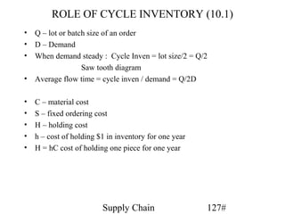 ROLE OF CYCLE INVENTORY (10.1)
• Q – lot or batch size of an order
• D – Demand
• When demand steady : Cycle Inven = lot size/2 = Q/2
                 Saw tooth diagram
• Average flow time = cycle inven / demand = Q/2D

•   C – material cost
•   S – fixed ordering cost
•   H – holding cost
•   h – cost of holding $1 in inventory for one year
•   H = hC cost of holding one piece for one year




                         Supply Chain                  127#
 
