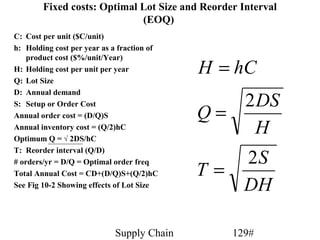 Fixed costs: Optimal Lot Size and Reorder Interval
                             (EOQ)
C: Cost per unit ($C/unit)
h: Holding cost per year as a fraction of
    product cost ($%/unit/Year)
H: Holding cost per unit per year           H = hC
Q: Lot Size
D: Annual demand
                                               2 DS
                                            Q=
S: Setup or Order Cost
Annual order cost = (D/Q)S
Annual inventory cost = (Q/2)hC
Optimum Q = √ 2DS/hC
                                                H
T: Reorder interval (Q/D)
                                                   2S
                                            T=
# orders/yr = D/Q = Optimal order freq
Total Annual Cost = CD+(D/Q)S+(Q/2)hC
See Fig 10-2 Showing effects of Lot Size           DH

                            Supply Chain         129#
 
