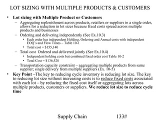 LOT SIZING WITH MULTIPLE PRODUCTS & CUSTOMERS
•   Lot sizing with Multiple Product or Customers
     – Aggregating replenishment across products, retailers or suppliers in a single order,
       allows for a reduction in lot sizes because fixed costs spread across multiple
       products and businesses
     – Ordering and delivering independently (See Ex.10.3)
          • Each order has independent Holding, Ordering and Annual costs with independent
            EOQ’s and Flow Times – Table 10-1
          • Total cost = $155,140
     – Total cost Ordered and delivered jointly (See Ex.10.4)
          • Independent holding costs but combined fixed order cost Table 10-2
          • Total Cost = $136,528
     – Transportation capacity constraint – aggregating multiple products from same
       supplier; single delivery from multiple suppliers (Ex. 10-5)
•   Key Point –The key to reducing cycle inventory is reducing lot size. The key
    to reducing lot size without increasing costs is to reduce fixed costs associated
    with each lot – by reducing the fixed cost itself or aggregating lots across
    multiple products, customers or suppliers. We reduce lot size to reduce cycle
    time




                                 Supply Chain                           133#
 