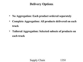 Delivery Options


• No Aggregation: Each product ordered separately
• Complete Aggregation: All products delivered on each
  truck
• Tailored Aggregation: Selected subsets of products on
  each truck




                 Supply Chain             135#
 
