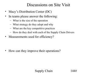 Discussions on Site Visit
• Macy’s Distribution Center (DC)
• In teams please answer the following:
   –   What is the size of the operation
   –   What strategy do they adopt and why
   –   What are the key competitive practices
   –   How do they deal with each of the Supply Chain Drivers
• Measurements used for efficiency?



• How can they improve their operations?




                          Supply Chain                   144#
 