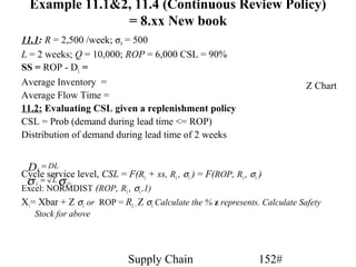 Example 11.1&2, 11.4 (Continuous Review Policy)
                = 8.xx New book
11.1: R = 2,500 /week; σR = 500
L = 2 weeks; Q = 10,000; ROP = 6,000 CSL = 90%
SS = ROP - DL =
Average Inventory =                                                          Z Chart
Average Flow Time =
11.2: Evaluating CSL given a replenishment policy
CSL = Prob (demand during lead time <= ROP)
Distribution of demand during lead time of 2 weeks


 D = DL
    L
Cycle service level, CSL = F(RL + ss, RL , σL ) = F(ROP, RL , σL )
 σ = Lσ
   L        D
Excel: NORMDIST (ROP, RL , σL ,1)
X1= Xbar + Z σL or ROP = RL + Z σL Calculate the % z represents. Calculate Safety
   Stock for above




                             Supply Chain                        152#
 