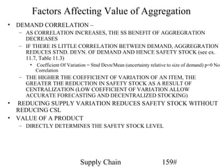 Factors Affecting Value of Aggregation
• DEMAND CORRELATION –
    – AS CORRELATION INCREASES, THE SS BENEFIT OF AGGREGRATION
      DECREASES
    – IF THERE IS LITTLE CORRELATION BETWEEN DEMAND, AGGREGRATION
      REDUCES STND. DEVN. OF DEMAND AND HENCE SAFETY STOCK (see ex.
      11.7, Table 11.3)
       •   Coefficient Of Variation = Stnd Devn/Mean (uncertainty relative to size of demand) p=0 No
           Correlation
    – THE HIGHER THE COEFFICIENT OF VARIATION OF AN ITEM, THE
      GREATER THE REDUCTION IN SAFETY STOCK AS A RESULT OF
      CENTRALIZATION (LOW COEFFICIENT OF VARIATION ALLOW
      ACCURATE FORECASTING AND DECENTRALIZED STOCKING)
• REDUCING SUPPLY VARIATION REDUCES SAFETY STOCK WITHOUT
  REDUCING CSL
• VALUE OF A PRODUCT
    – DIRECTLY DETERMINES THE SAFETY STOCK LEVEL




                                Supply Chain                            159#
 