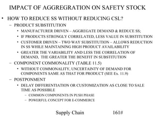 IMPACT OF AGGREGRATION ON SAFETY STOCK
• HOW TO REDUCE SS WITHOUT REDUCING CSL?
  – PRODUCT SUBSTITUTION
     • MANUFACTURER DRIVEN – AGGREGATE DEMAND & REDUCE SS;
     • IF PRODUCTS STRONGLY CORRELATED, LESS VALUE IN SUBSTITUTION
     • CUSTOMER DRIVEN – TWO WAY SUBSTITUTION – ALLOWS REDUCTION
       IN SS WHILE MAINTAINING HIGH PRODUCT AVAILABILITY
     • GREATER THE VARIABILITY AND LESS THE CORRELATION OF
       DEMAND, THE GREATER THE BENEFIT IN SUBSTITUTION
  – COMPONENT COMMONALITY (TABLE 11.5)
     • WITHOUT COMMONALITY, UNCERTAINTY OF DEMAND FOR
       COMPONENTS SAME AS THAT FOR PRODUCT (SEE Ex. 11.9)
  – POSTPONMENT
     • DELAY DIFFERENTIATION OR CUSTOMIZATION AS CLOSE TO SALE
       TIME AS POSSIBLE
        – COMMON COMPONENTS IN PUSH PHASE
        – POWERFUL CONCEPT FOR E-COMMERCE


                      Supply Chain              161#
 