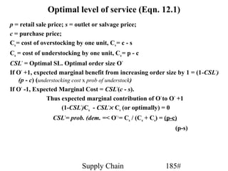 Optimal level of service (Eqn. 12.1)
p = retail sale price; s = outlet or salvage price;
c = purchase price;
Co = cost of overstocking by one unit, Co = c - s
Cu = cost of understocking by one unit, Cu = p - c
CSL* = Optimal SL. Optimal order size O*
If O* +1, expected marginal benefit from increasing order size by 1 = (1-CSL*)
   (p - c) (understocking cost x prob of understock)
If O* -1, Expected Marginal Cost = CSL*(c - s).
               Thus expected marginal contribution of O* to O* +1
                      (1-CSL*)Cu - CSL*× Co (or optimally) = 0
                 CSL*= prob. (dem. =< O* ) = Cu / (Cu + Co) = (p-c)
                                                                  (p-s)




                             Supply Chain                     185#
 