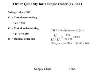 Order Quantity for a Single Order (ex 12.1)

Salvage value = $80
Co = Cost of overstocking

    = c-s = $20
Cu = Cost of understocking                                             *
                                 CSL * = Pr ob( Demand ≤ R ) =
    = p – c = $150
                                     C   u
                                                 =
                                                       150
                                                              = 0.88
O* = Optimal order size          C +Cu       o
                                                     150 + 20
                                 O* = µ + zσ = 350 + 1.18 x100 = 468




                      Supply Chain                        186#
 