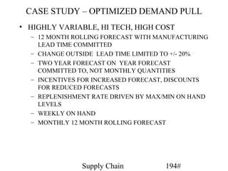 CASE STUDY – OPTIMIZED DEMAND PULL
• HIGHLY VARIABLE, HI TECH, HIGH COST
  – 12 MONTH ROLLING FORECAST WITH MANUFACTURING
    LEAD TIME COMMITTED
  – CHANGE OUTSIDE LEAD TIME LIMITED TO +/- 20%
  – TWO YEAR FORECAST ON YEAR FORECAST
    COMMITTED TO, NOT MONTHLY QUANTITIES
  – INCENTIVES FOR INCREASED FORECAST, DISCOUNTS
    FOR REDUCED FORECASTS
  – REPLENISHMENT RATE DRIVEN BY MAX/MIN ON HAND
    LEVELS
  – WEEKLY ON HAND
  – MONTHLY 12 MONTH ROLLING FORECAST




               Supply Chain         194#
 
