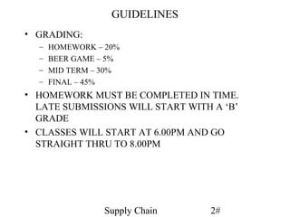 GUIDELINES
• GRADING:
  –   HOMEWORK – 20%
  –   BEER GAME – 5%
  –   MID TERM – 30%
  –   FINAL – 45%
• HOMEWORK MUST BE COMPLETED IN TIME.
  LATE SUBMISSIONS WILL START WITH A ‘B’
  GRADE
• CLASSES WILL START AT 6.00PM AND GO
  STRAIGHT THRU TO 8.00PM




                 Supply Chain     2#
 