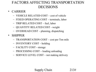 FACTORS AFFECTING TRANSPORTATION
              DECISIONS
• CARRIER
  –   VEHICLE RELATED COST – cost of vehicle
  –   FIXED OPERATING COST – terminals, labor
  –   TRIP RELATED COST – fuel, labor
  –   QUANTITY RELATED COST - weight
  –   OVERHEAD COST – planning, dispatching
• SHIPPER
  –   TRANSPORTATION COST – cost per Ton mile
  –   INVENTORY COST – holding
  –   FACILITY COST - storage
  –   PROCESSING COST – loading unloading
  –   SERVICE LEVEL COST – not making delivery




                    Supply Chain                 213#
 