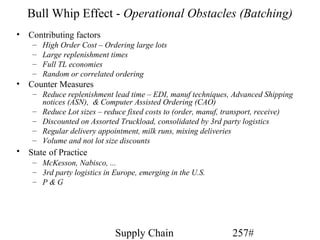 Bull Whip Effect - Operational Obstacles (Batching)
•   Contributing factors
     –   High Order Cost – Ordering large lots
     –   Large replenishment times
     –   Full TL economies
     –   Random or correlated ordering
•   Counter Measures
     – Reduce replenishment lead time – EDI, manuf techniques, Advanced Shipping
       notices (ASN), & Computer Assisted Ordering (CAO)
     – Reduce Lot sizes – reduce fixed costs to (order, manuf, transport, receive)
     – Discounted on Assorted Truckload, consolidated by 3rd party logistics
     – Regular delivery appointment, milk runs, mixing deliveries
     – Volume and not lot size discounts
•   State of Practice
     – McKesson, Nabisco, ...
     – 3rd party logistics in Europe, emerging in the U.S.
     – P&G




                              Supply Chain                      257#
 
