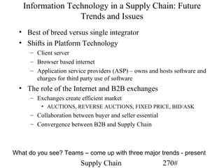 Information Technology in a Supply Chain: Future
                  Trends and Issues
  • Best of breed versus single integrator
  • Shifts in Platform Technology
      – Client server
      – Browser based internet
      – Application service providers (ASP) – owns and hosts software and
        charges for third party use of software
  • The role of the Internet and B2B exchanges
      – Exchanges create efficient market
          • AUCTIONS, REVERSE AUCTIONS, FIXED PRICE, BID/ASK
      – Collaboration between buyer and seller essential
      – Convergence between B2B and Supply Chain



What do you see? Teams – come up with three major trends - present
                         Supply Chain                      270#
 