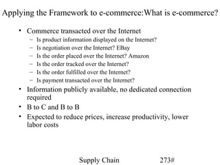 Applying the Framework to e-commerce:What is e-commerce?

    • Commerce transacted over the Internet
       –   Is product information displayed on the Internet?
       –   Is negotiation over the Internet? EBay
       –   Is the order placed over the Internet? Amazon
       –   Is the order tracked over the Internet?
       –   Is the order fulfilled over the Internet?
       –   Is payment transacted over the Internet?
    • Information publicly available, no dedicated connection
      required
    • B to C and B to B
    • Expected to reduce prices, increase productivity, lower
      labor costs



                            Supply Chain                       273#
 