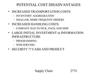POTENTIAL COST DISADVANTAGES
• INCREASED TRANSPORTATION COSTS
  – INVENTORY AGGREGRATION
  – SMALLER, MORE FREQUENT ORDERS
• INCREASED HANDLING COSTS
  – COMPANY HAS TO PICK, PACK AND SHIP
• LARGE INITIAL INVESTMENT in INFORMATION
  INFRASTRUCTURE
  – PROGRAMMING
  – WEB SERVERS
• SECURITY ?? CASH AND PRODUCT




                Supply Chain             277#
 