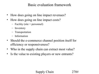 Basic evaluation framework

• How does going on line impact revenues?
• How does going on line impact costs?
   –   Facility (site + personnel)
   –   Inventory
   –   Transportation
   –   Information
• Should the e-commerce channel position itself for
  efficiency or responsiveness?
• Who in the supply chain can extract most value?
• Is the value to existing players or new entrants?




                          Supply Chain          278#
 