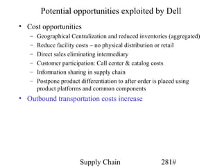 Potential opportunities exploited by Dell
• Cost opportunities
   –   Geographical Centralization and reduced inventories (aggregated)
   –   Reduce facility costs – no physical distribution or retail
   –   Direct sales eliminating intermediary
   –   Customer participation: Call center & catalog costs
   –   Information sharing in supply chain
   –   Postpone product differentiation to after order is placed using
       product platforms and common components
• Outbound transportation costs increase




                       Supply Chain                    281#
 
