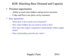 B2B: Matching Base Demand and Capacity
• Potential opportunities
   – Ability to reach more bidders and get lower unit price
   – E Bay and Price Line (price set by customer)
• Key questions
   – What does it do to total cost of material?
   – How many bidders do you need to achieve this?
   – How does this impact cooperative relationships within supply
     chain?
   – Does intermediary provide any value?




                       Supply Chain                    291#
 