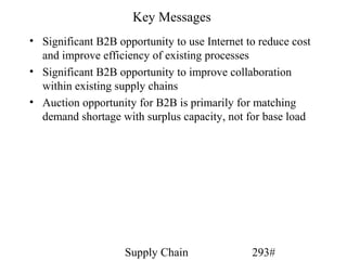 Key Messages
• Significant B2B opportunity to use Internet to reduce cost
  and improve efficiency of existing processes
• Significant B2B opportunity to improve collaboration
  within existing supply chains
• Auction opportunity for B2B is primarily for matching
  demand shortage with surplus capacity, not for base load




                    Supply Chain               293#
 