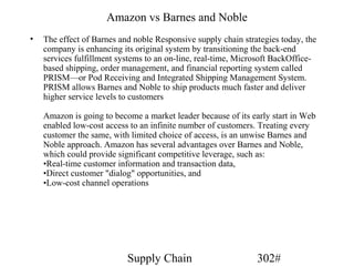 Amazon vs Barnes and Noble
•   The effect of Barnes and noble Responsive supply chain strategies today, the
    company is enhancing its original system by transitioning the back-end
    services fulfillment systems to an on-line, real-time, Microsoft BackOffice-
    based shipping, order management, and financial reporting system called
    PRISM—or Pod Receiving and Integrated Shipping Management System.
    PRISM allows Barnes and Noble to ship products much faster and deliver
    higher service levels to customers

    Amazon is going to become a market leader because of its early start in Web
    enabled low-cost access to an infinite number of customers. Treating every
    customer the same, with limited choice of access, is an unwise Barnes and
    Noble approach. Amazon has several advantages over Barnes and Noble,
    which could provide significant competitive leverage, such as:
    •Real-time customer information and transaction data,
    •Direct customer "dialog" opportunities, and
    •Low-cost channel operations




                           Supply Chain                        302#
 