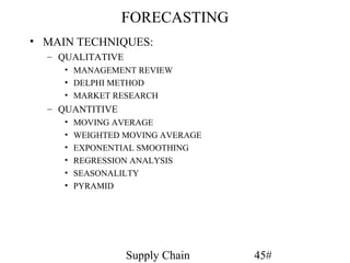 FORECASTING
• MAIN TECHNIQUES:
  – QUALITATIVE
     • MANAGEMENT REVIEW
     • DELPHI METHOD
     • MARKET RESEARCH
  – QUANTITIVE
     •   MOVING AVERAGE
     •   WEIGHTED MOVING AVERAGE
     •   EXPONENTIAL SMOOTHING
     •   REGRESSION ANALYSIS
     •   SEASONALILTY
     •   PYRAMID




                  Supply Chain     45#
 