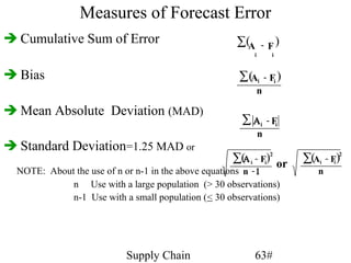 Measures of Forecast Error
 Cumulative Sum of Error                            ∑(A      - F)
                                                          i         i


 Bias                                                ∑ (Ai       - Fi )
                                                              n

 Mean Absolute Deviation (MAD)
                                                       ∑ Αi       - Fi
                                                              n
 Standard Deviation=1.25 MAD or
                                                    ∑(Α i - Fi)2 or        ∑(Ai - Fi )2
  NOTE: About the use of n or n-1 in the above equations n - 1                 n
             n Use with a large population (> 30 observations)
             n-1 Use with a small population (< 30 observations)




                           Supply Chain                   63#
 