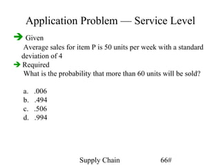 Application Problem — Service Level
 Given
   Average sales for item P is 50 units per week with a standard
  deviation of 4
 Required
   What is the probability that more than 60 units will be sold?

   a.   .006
   b.   .494
   c.   .506
   d.   .994




                      Supply Chain               66#
 