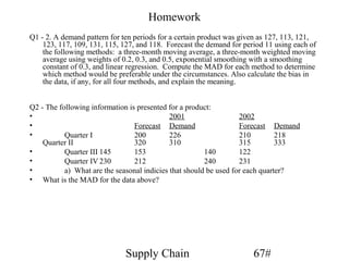 Homework
Q1 - 2. A demand pattern for ten periods for a certain product was given as 127, 113, 121,
    123, 117, 109, 131, 115, 127, and 118. Forecast the demand for period 11 using each of
    the following methods: a three-month moving average, a three-month weighted moving
    average using weights of 0.2, 0.3, and 0.5, exponential smoothing with a smoothing
    constant of 0.3, and linear regression. Compute the MAD for each method to determine
    which method would be preferable under the circumstances. Also calculate the bias in
    the data, if any, for all four methods, and explain the meaning.


Q2 - The following information is presented for a product:
•                                            2001                  2002
•                                Forecast Demand                   Forecast Demand
•          Quarter I             200         226                   210         218
    Quarter II                   320         310                   315         333
•          Quarter III 145       153                    140        122
•          Quarter IV 230        212                    240        231
•          a) What are the seasonal indicies that should be used for each quarter?
• What is the MAD for the data above?




                              Supply Chain                            67#
 